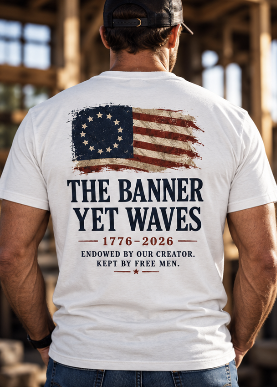 America 250 T-shirt close-up of The Banner Yet Waves back artwork