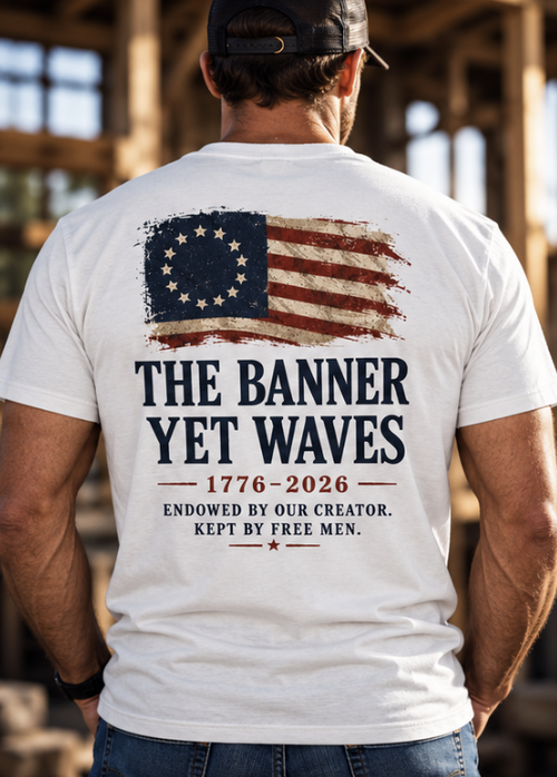America 250 T-shirt close-up of The Banner Yet Waves back artwork