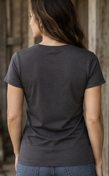 Back view of Canvas & Iron women’s asphalt Christian T-shirt