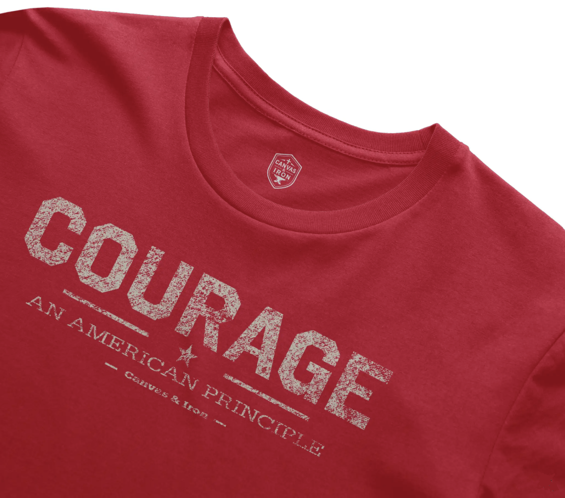 Courage Essential red T-shirt with large front Courage graphic and Canvas & Iron neck label