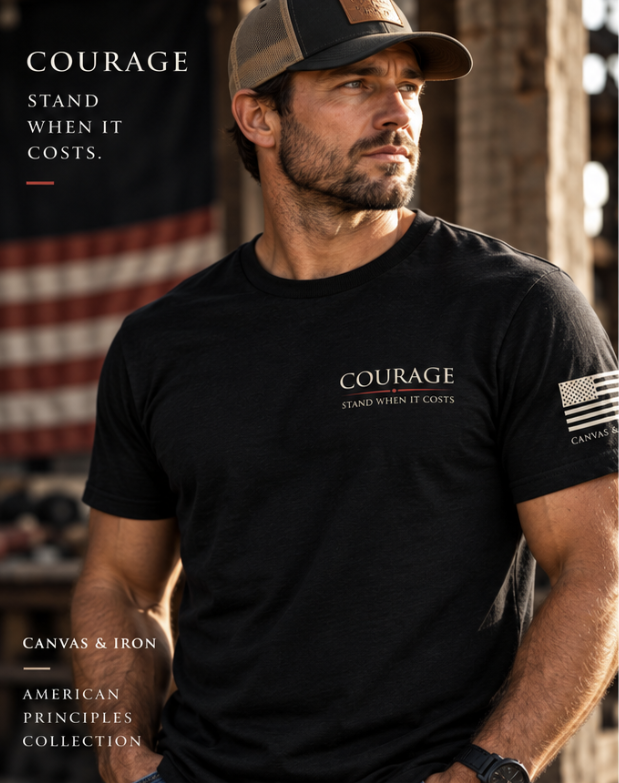 Canvas & Iron Courage Deluxe black T-shirt with front Principles graphic