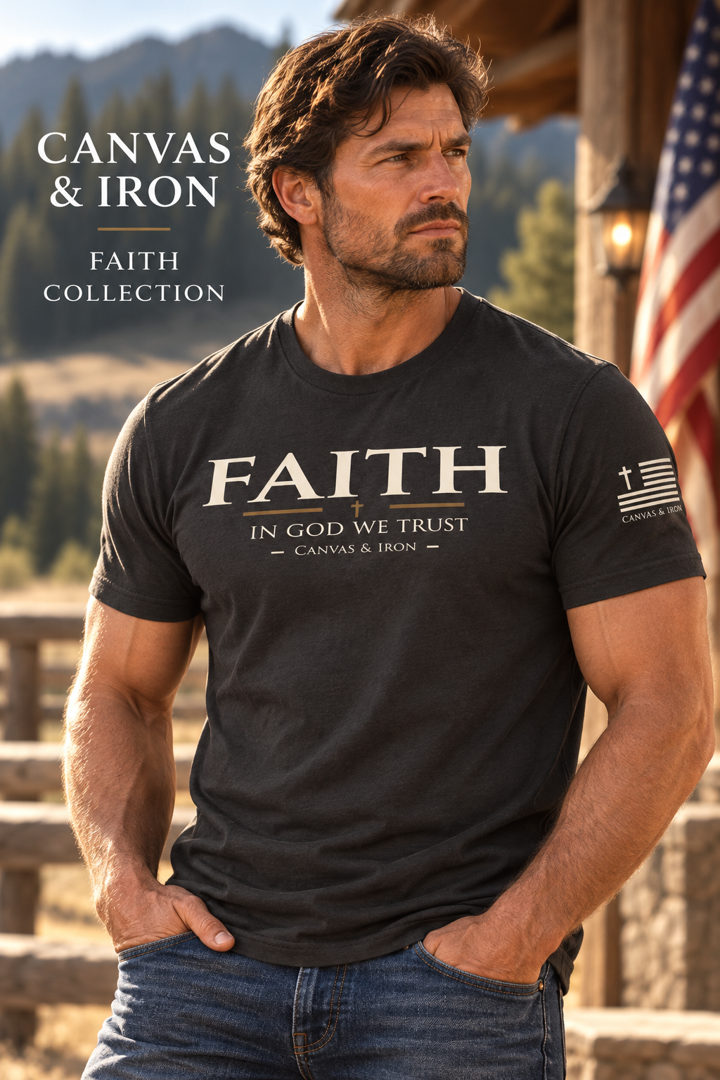 Man wearing black Faith Enhanced Tee with In God We Trust front graphic and cross sleeve design