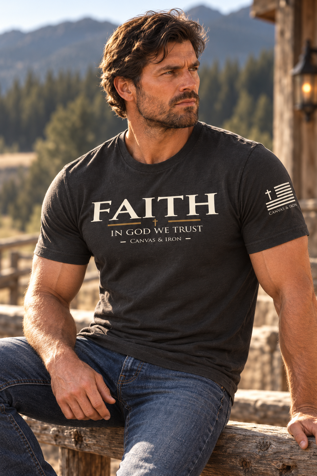 Black Faith Enhanced Christian tee with FAITH and In God We Trust front artwor