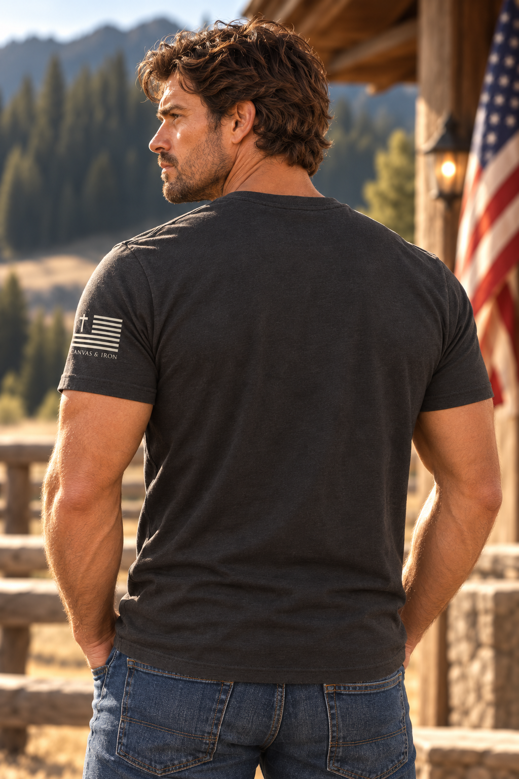 Back view of black Faith Enhanced Tee showing Canvas & Iron cross-and-stripe sleeve graphic