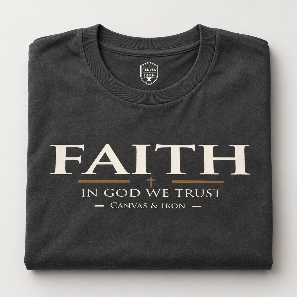 Folded black Faith Enhanced Tee with In God We Trust front graphic and Canvas & Iron neck mark