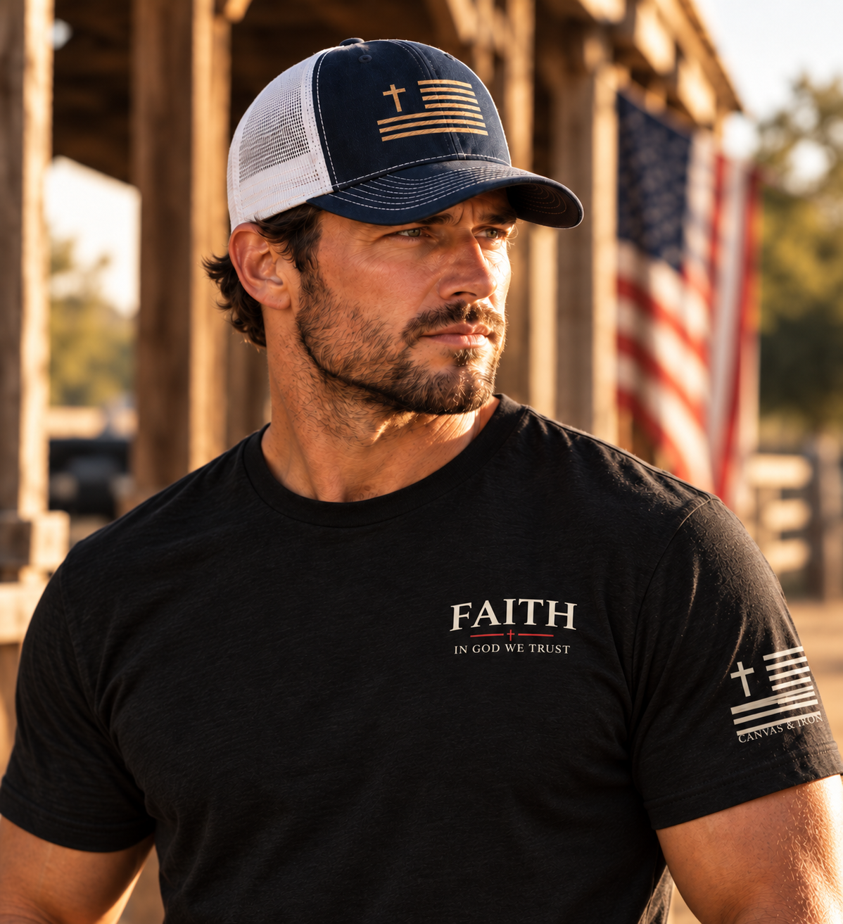 Man wearing Canvas & Iron Faith Trucker Cap with sand cross flag embroidery and black Faith Deluxe shirt