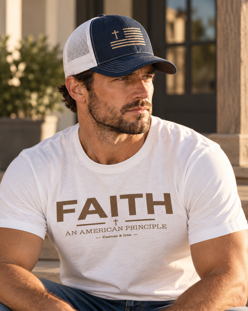 Man wearing Faith Trucker Cap with white Canvas & Iron Faith shirt