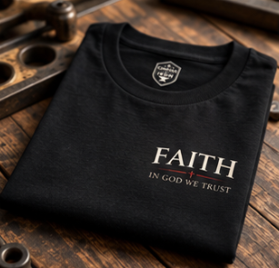 Canvas & Iron Faith Deluxe black T-shirt folded to show front Principles graphic
