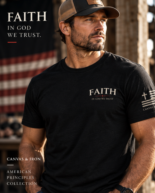 Canvas & Iron Faith Deluxe black T-shirt with front Principles graphic