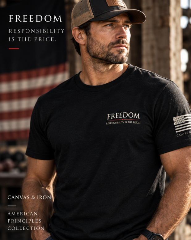 Canvas & Iron Freedom Deluxe black T-shirt with front Principles graphic