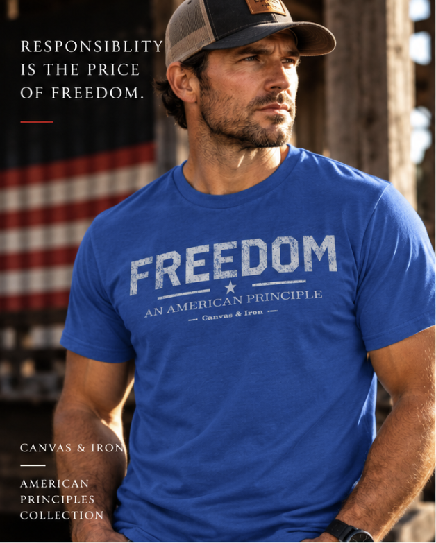 Man wearing Canvas & Iron Freedom Essential royal blue T-shirt front view