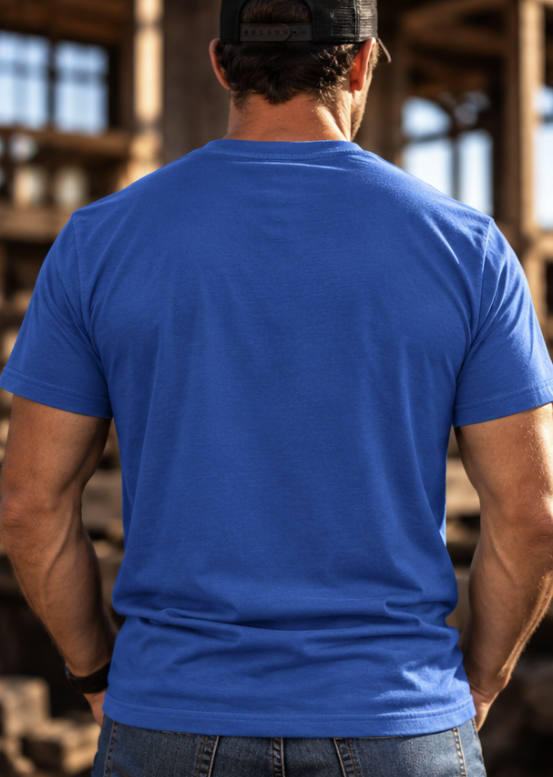 Man wearing Canvas & Iron Freedom Essential royal blue T-shirt showing clean blank back