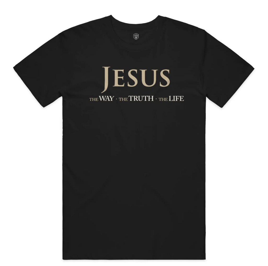 Front view of Canvas & Iron Jesus The Way The Truth The Life black Supima T-shirt