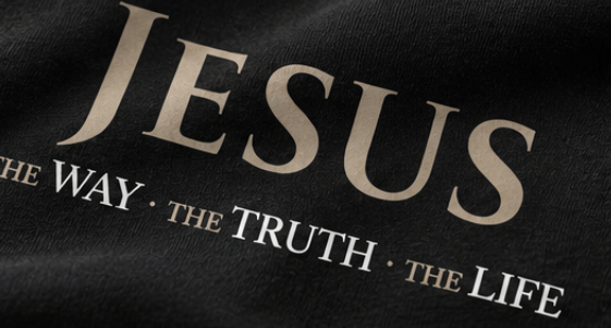 Close-up of JESUS and The Way The Truth The Life graphic on black Supima cotton