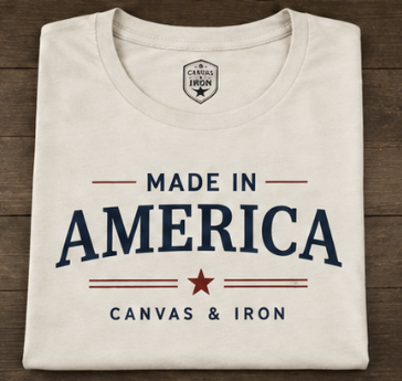 Canvas & Iron women's Made in America cream T-shirt folded to show front graphic