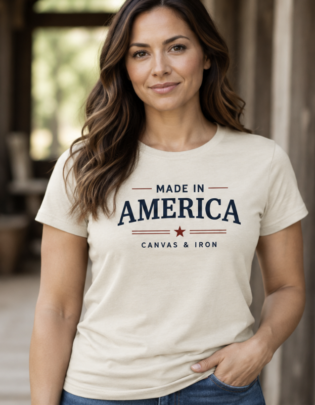 Canvas & Iron women's Made in America cream T-shirt front view