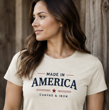 Women's Made in America cream T-shirt close-up of front graphic