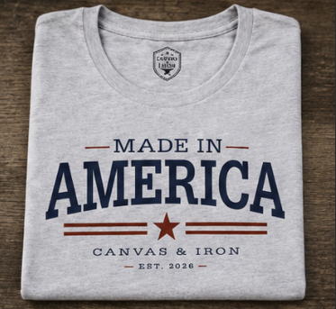 Canvas & Iron women's Made in America heather gray T-shirt folded to show front graphic