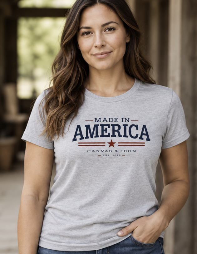 Canvas & Iron women's Made in America heather gray T-shirt front view