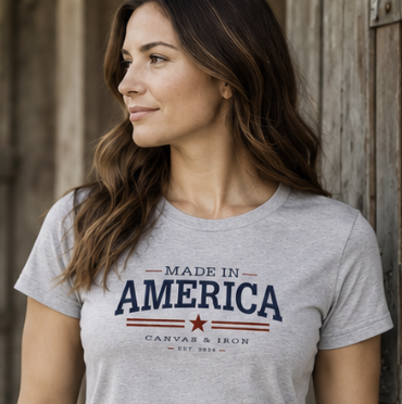 Women's Made in America heather gray T-shirt with front Made in America graphic