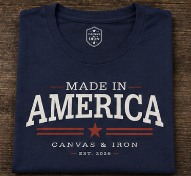 Canvas & Iron women's Made in America navy T-shirt folded to show front graphic