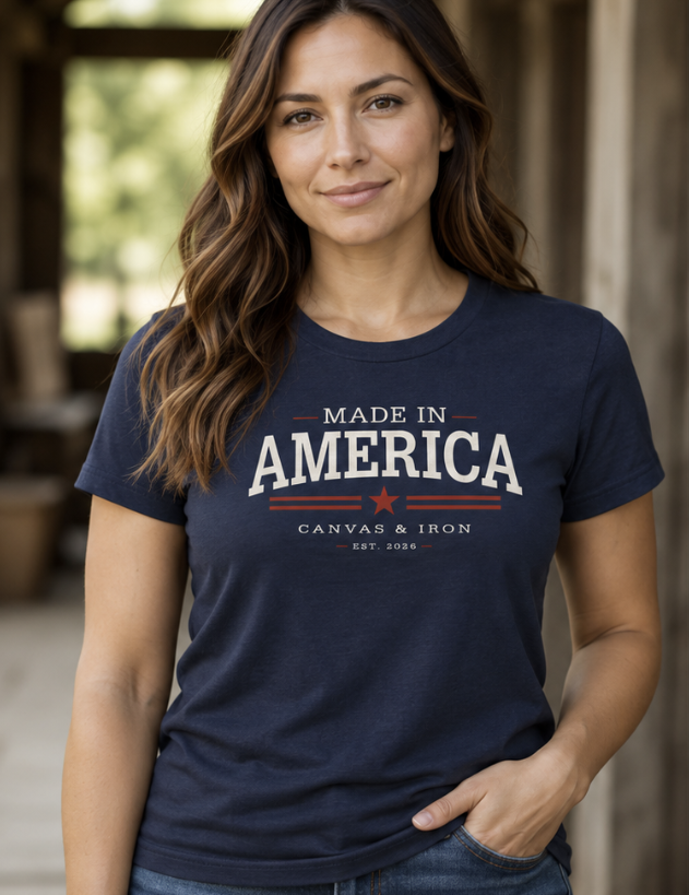 Canvas & Iron women's Made in America navy T-shirt front view