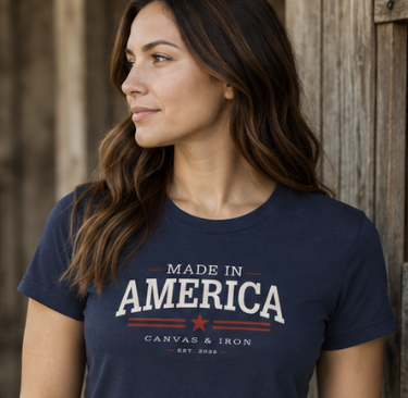 Women's Made in America navy T-shirt with front Made in America graphic