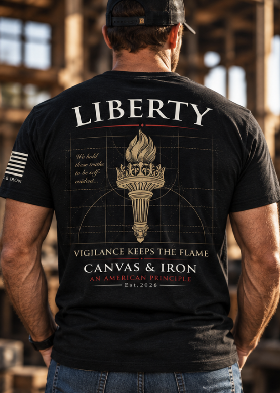 Liberty Deluxe black T-shirt with Vigilance Keeps the Flame back artwork