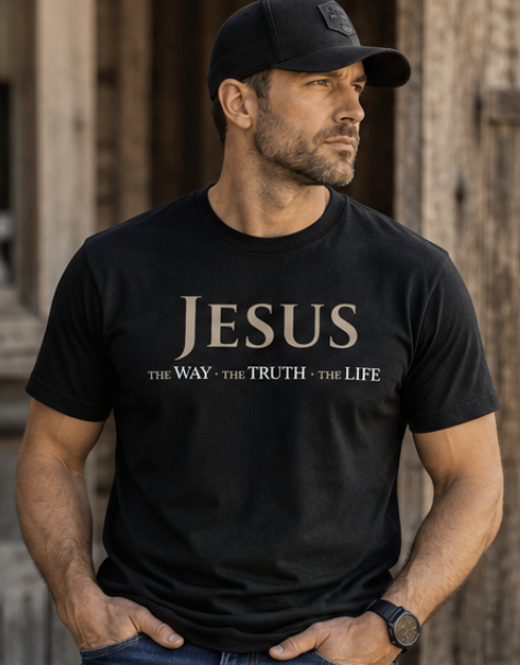 Man wearing Canvas & Iron Jesus The Way The Truth The Life black Supima T-shirt