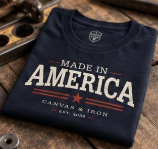 Canvas & Iron men's Made in America navy T-shirt folded to show front graphic