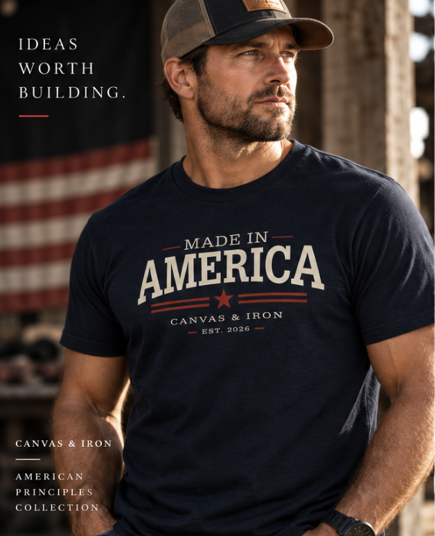 Canvas & Iron men's Made in America navy T-shirt front view
