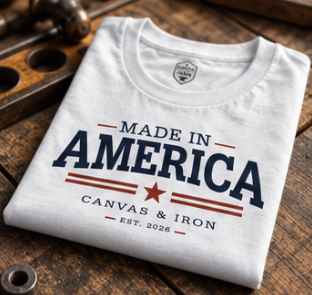 Canvas & Iron men's Made in America white T-shirt folded to show front graphic