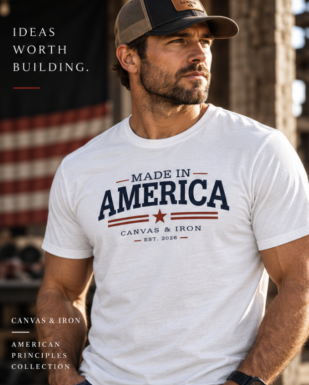 Canvas & Iron men's Made in America white T-shirt front view