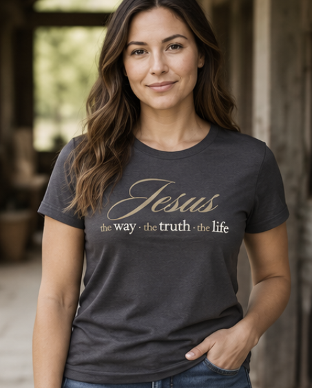 Woman wearing Canvas & Iron Jesus The Way, The Truth, The Life women’s tee in asphalt