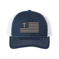 Front product view of Canvas & Iron Faith Trucker Cap with sand embroidered cross flag