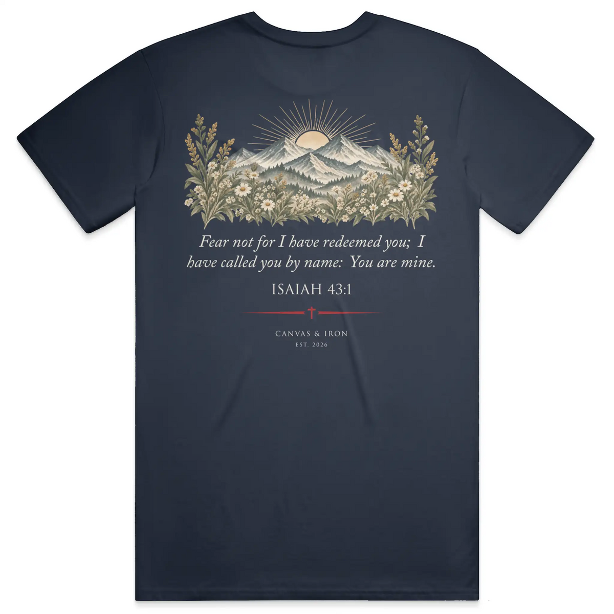 Back of Redeemed women’s faith tee with Isaiah 43:1 mountain and wildflower artwork