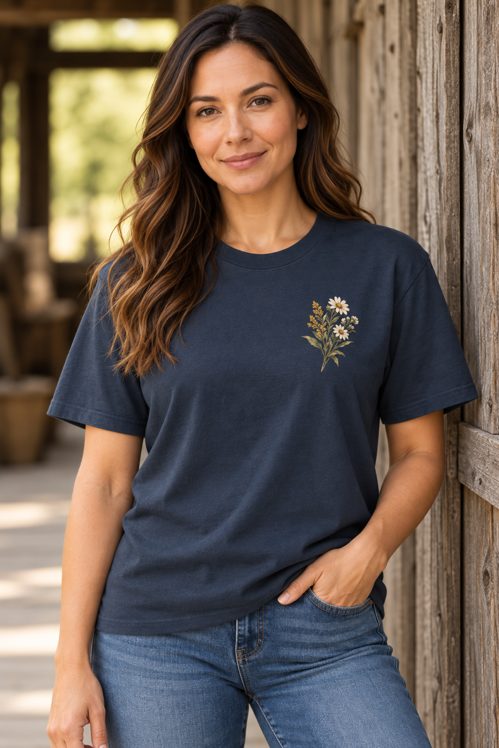 Close-up of Redeemed women’s faith tee with floral chest graphic