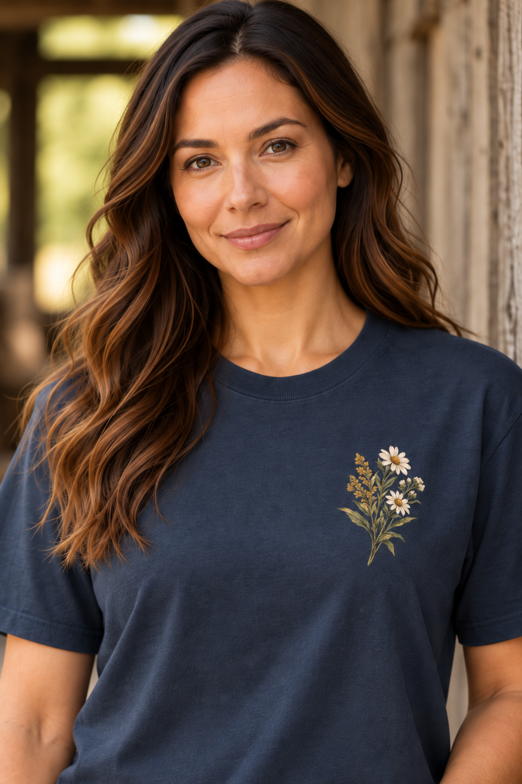 Redeemed women’s Christian faith tee in navy with floral chest artwork