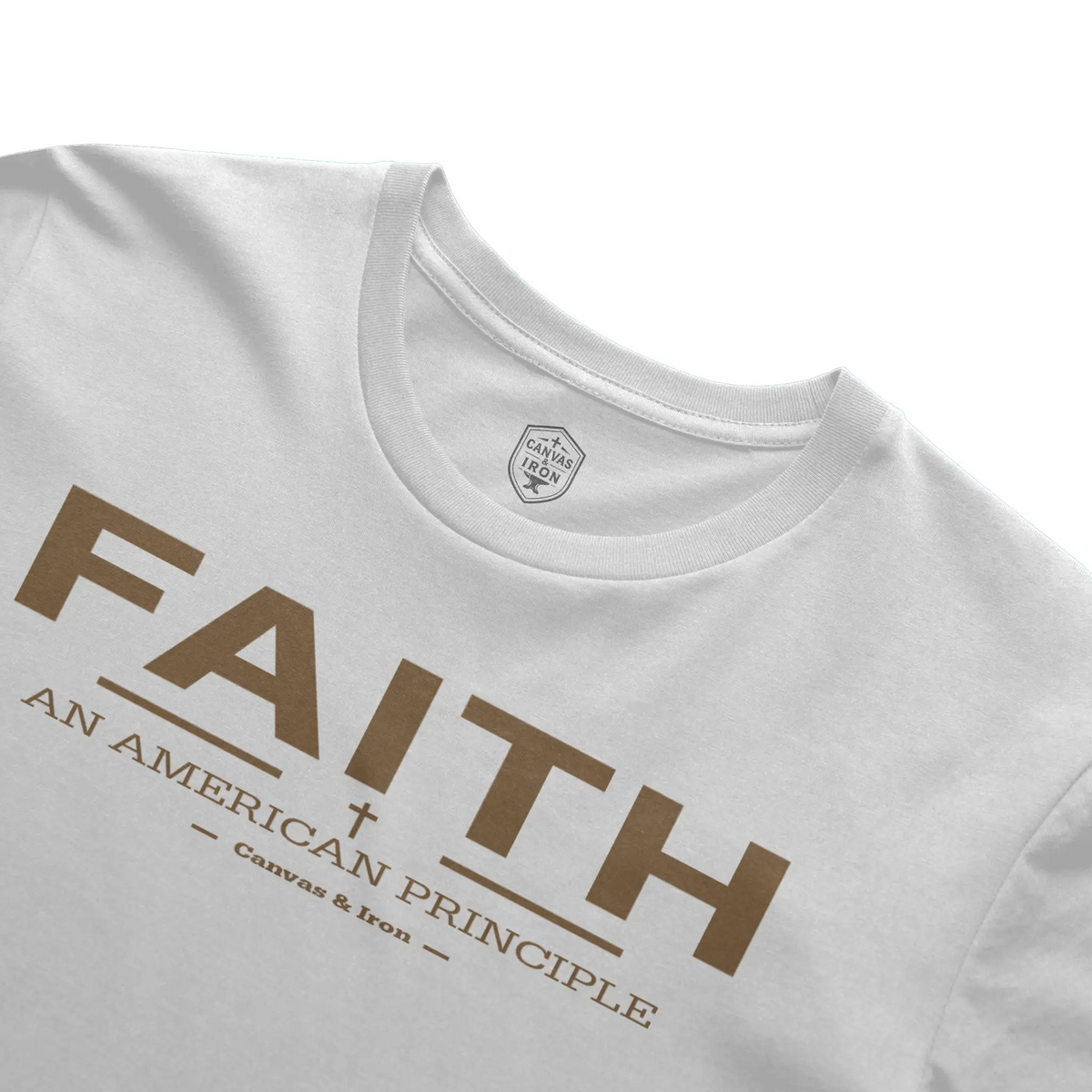 Faith Essential white T-shirt with large front Faith graphic and Canvas & Iron neck label