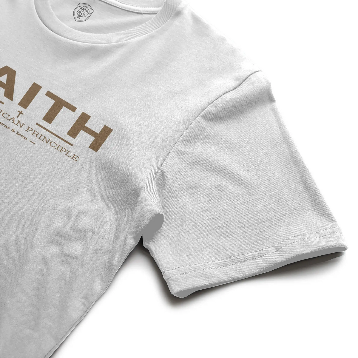 Close-up of Faith Essential front graphic on white T-shirt
