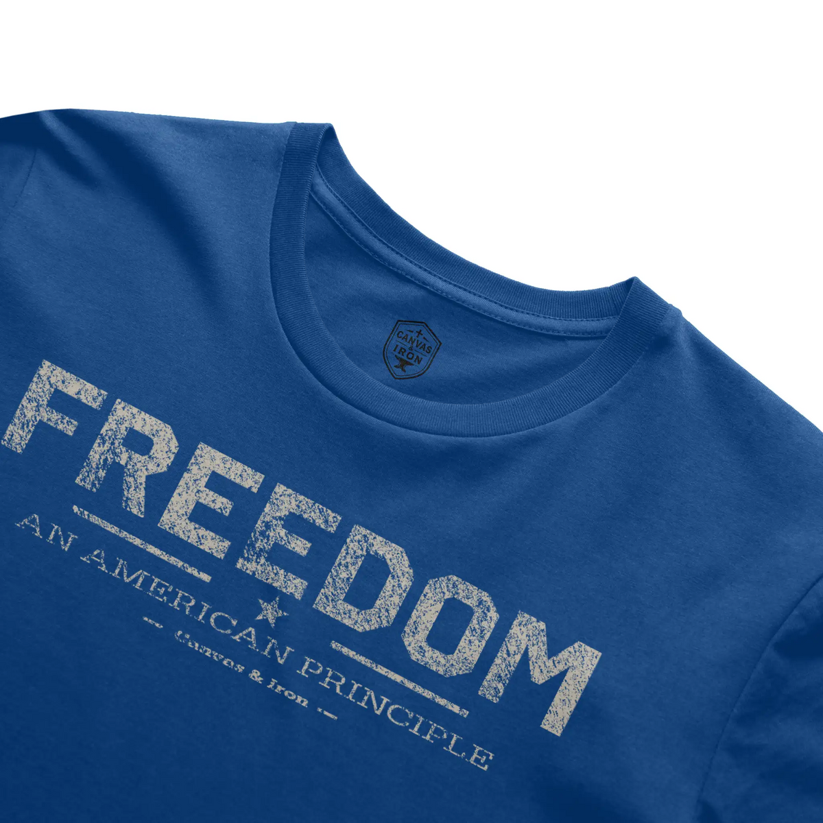 anvas & Iron Freedom Essential royal blue T-shirt front view with Freedom graphic