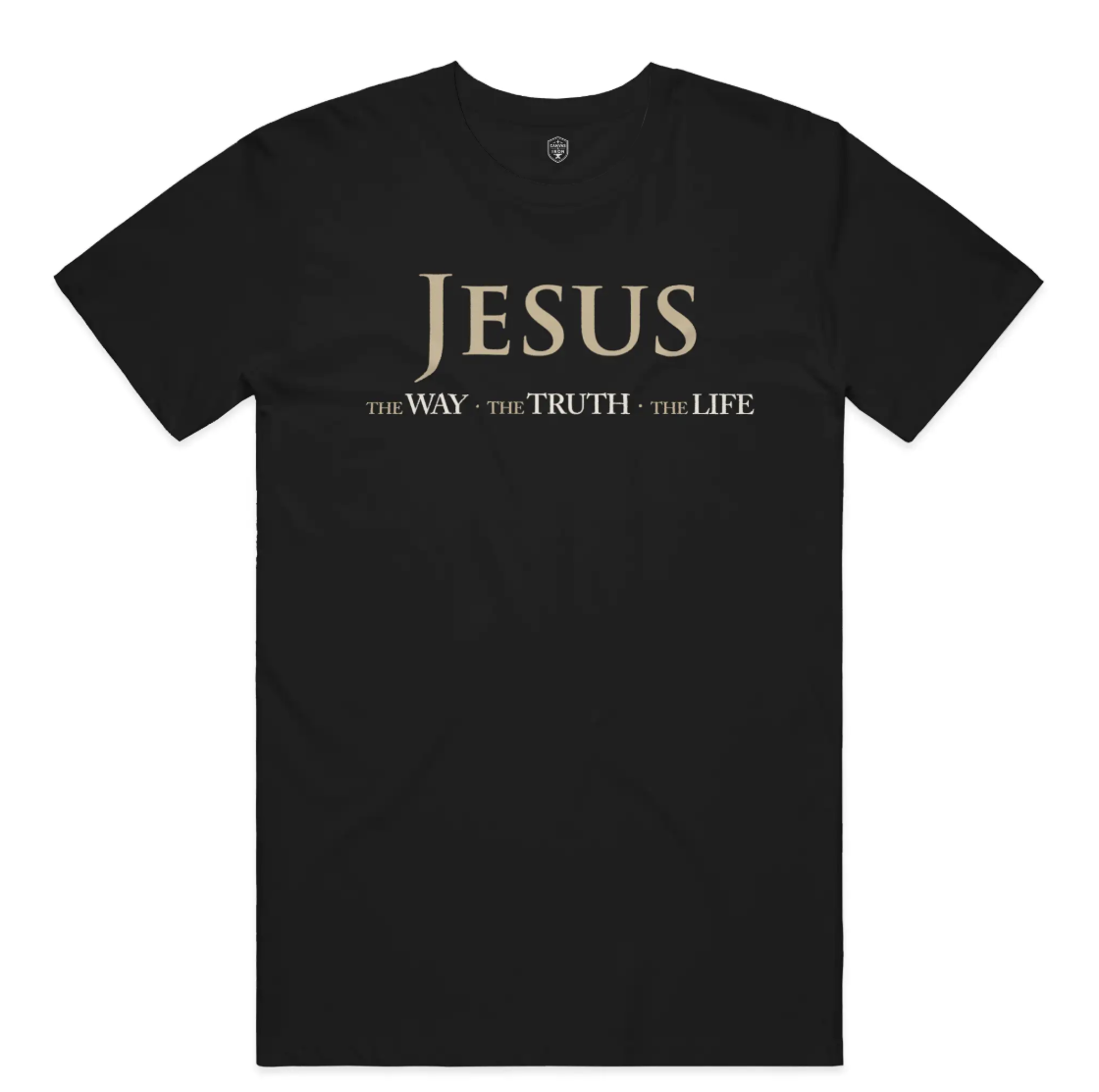 Front view of Canvas & Iron Jesus The Way The Truth The Life black Supima T-shirt