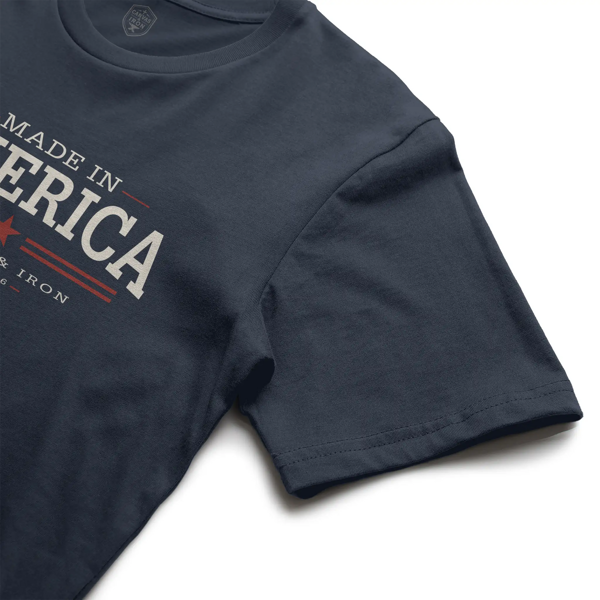 Made in America navy T-shirt shown at an angle