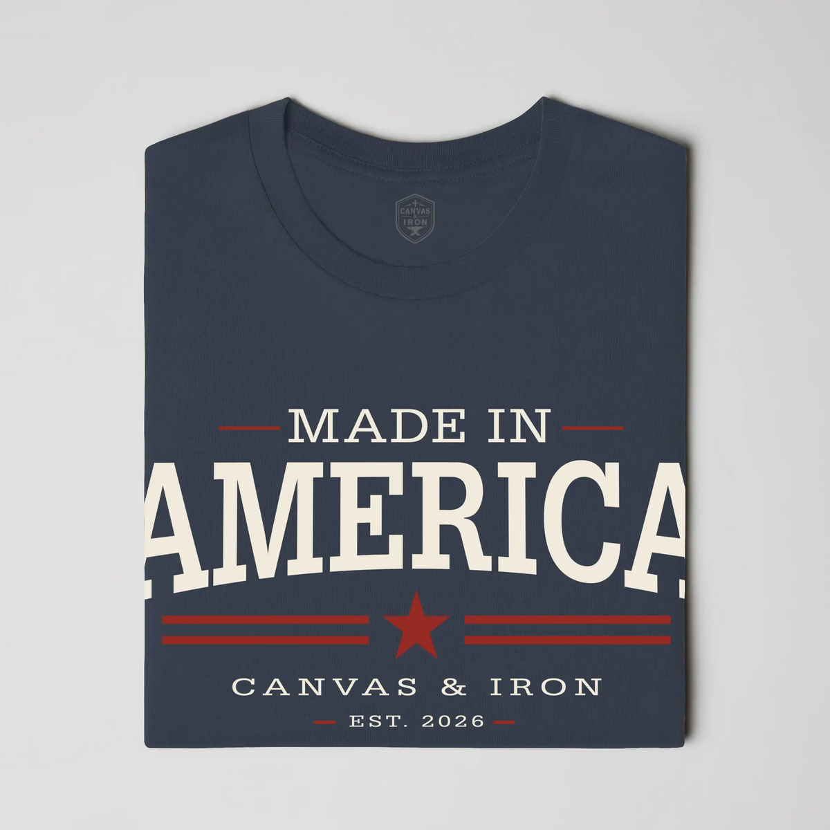 Close-up of Made in America graphic on navy T-shirt