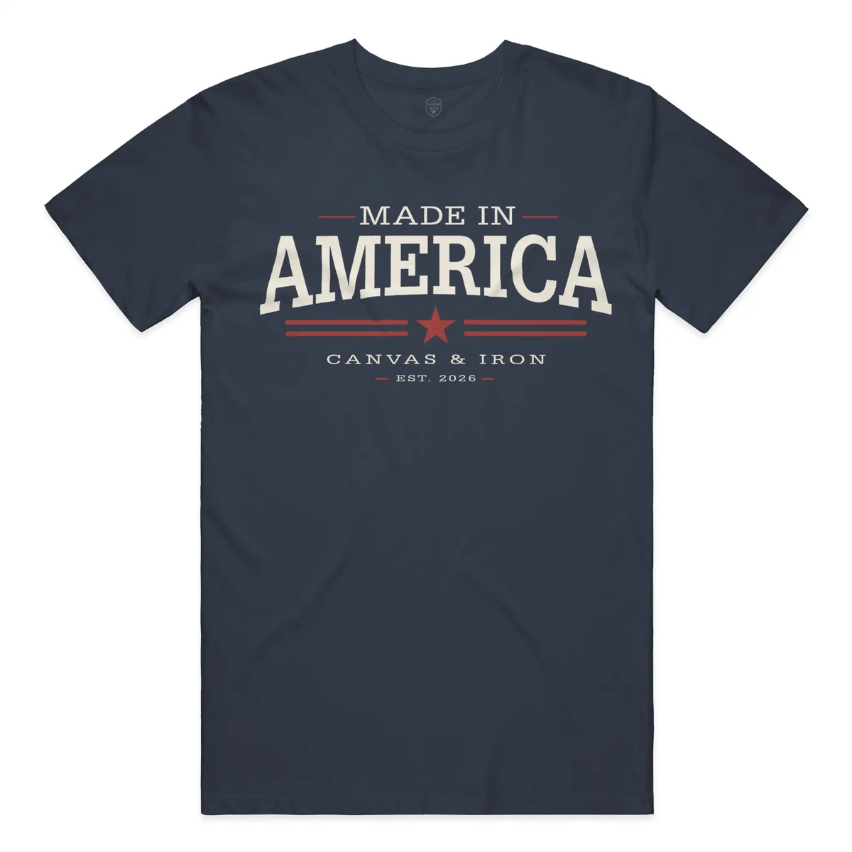 Made in America navy T-shirt with white front lettering